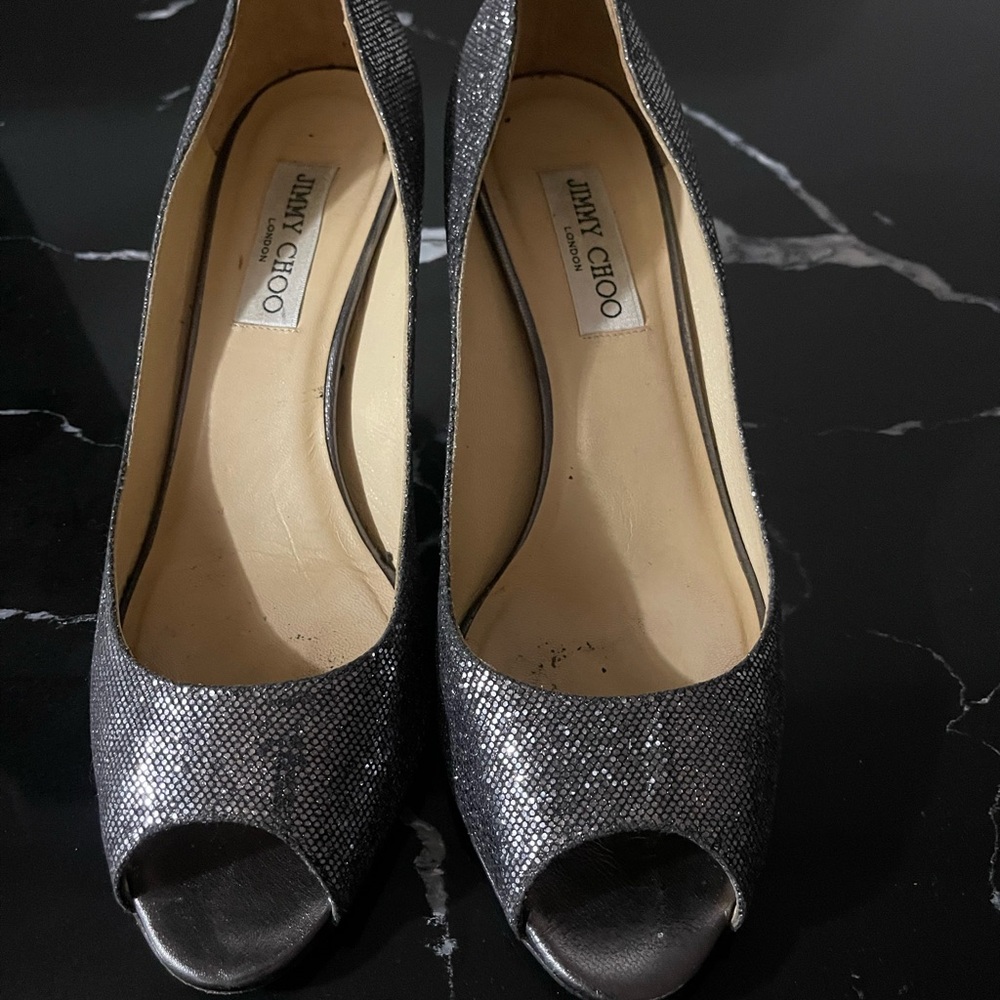 Jimmy Choo Glittering Black Peep Toe Heels